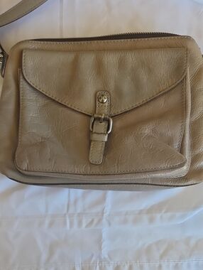 Patricia Nash Taupe Leather Crossbody with Front Buckle Pocket